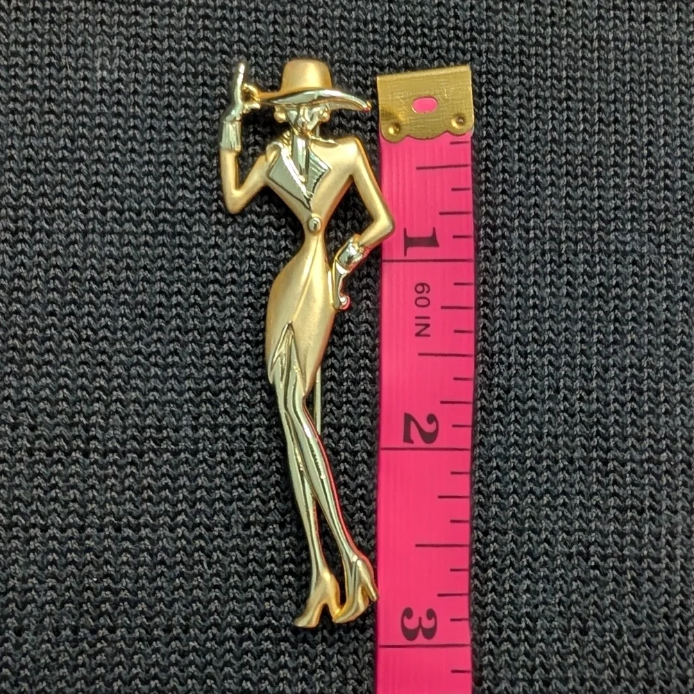 Vtg AJC Goldtone Brooch Pin Figural Stylish Woman Lady Shoulder Pads Fedora